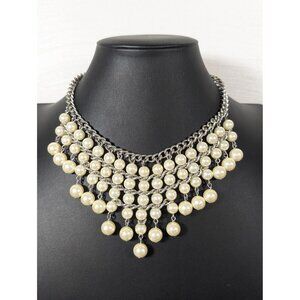 Elegant Faux Pearl‎ Charm Woven Bib Necklace Silver Tone Statement 17"